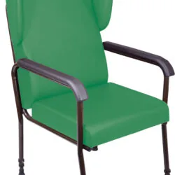Green high back chair with armrests and adjustable legs.