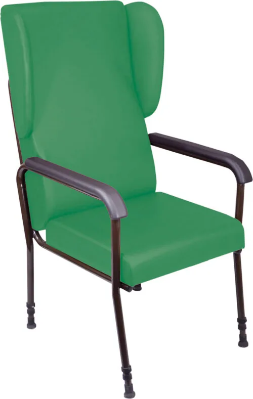 Green high back chair with armrests and adjustable legs.