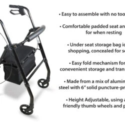 Black rollator walker with padded seat and under-seat storage bag.