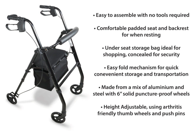 Black rollator walker with padded seat and under-seat storage bag.
