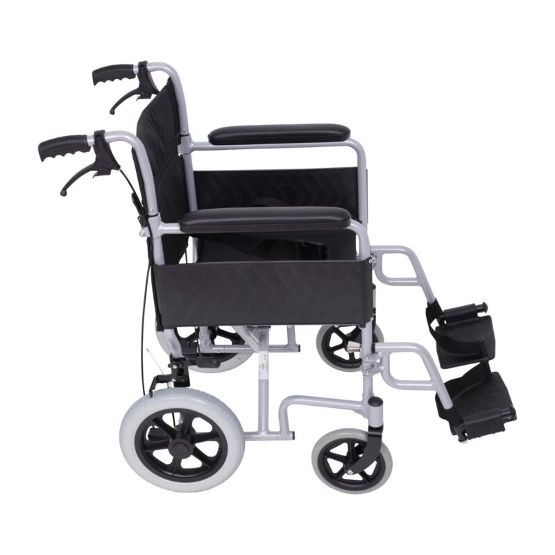 Side view of a compact aluminum transit wheelchair with black upholstery.