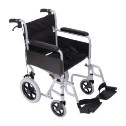 Lightweight transit wheelchair with black upholstery and swing away footrests.