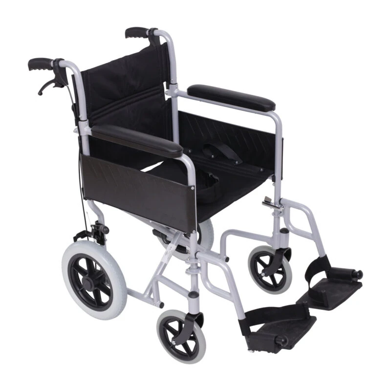 Lightweight transit wheelchair with black upholstery and swing away footrests.