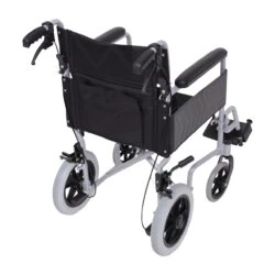 Rear view of a compact transport aluminium wheelchair with black upholstery.