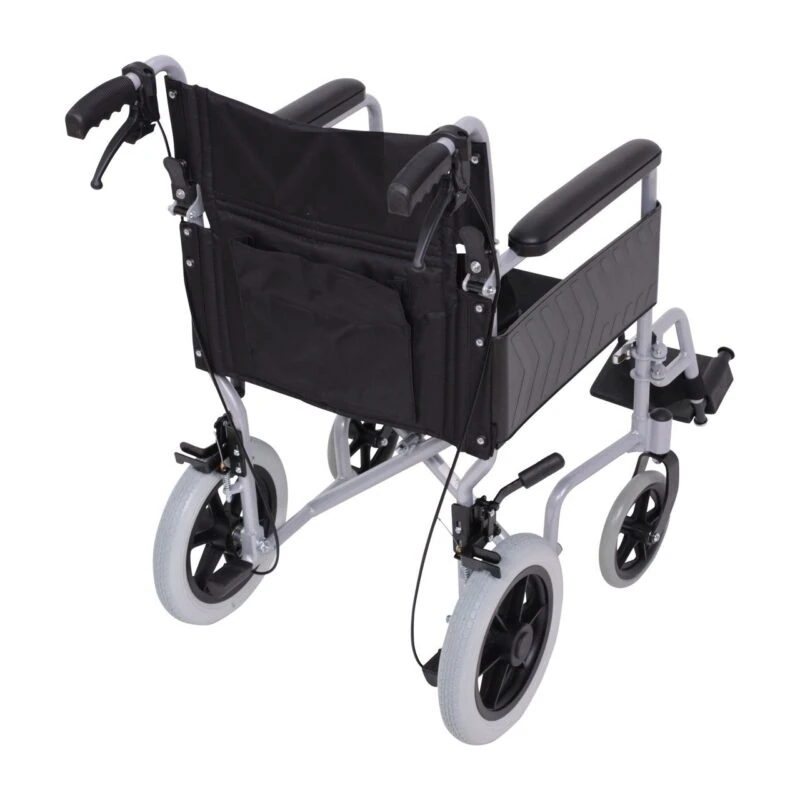 Rear view of a compact transport aluminium wheelchair with black upholstery.