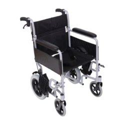 Lightweight transit wheelchair with black upholstery and swing away footrests.