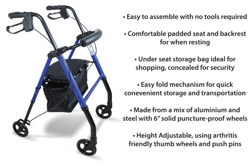 Lightweight 4 Wheeled Rollator for Elderly & Seniors | With Seat & Basket | Puncture Proof 6" Wheels - Image 14