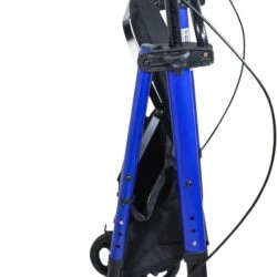 Folded blue rollator with black handles and wheels.