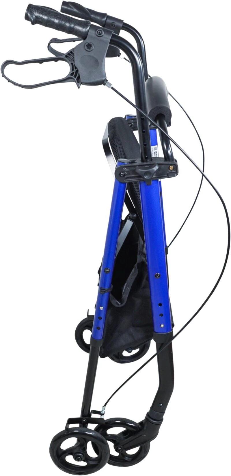 Folded blue rollator with black handles and wheels.