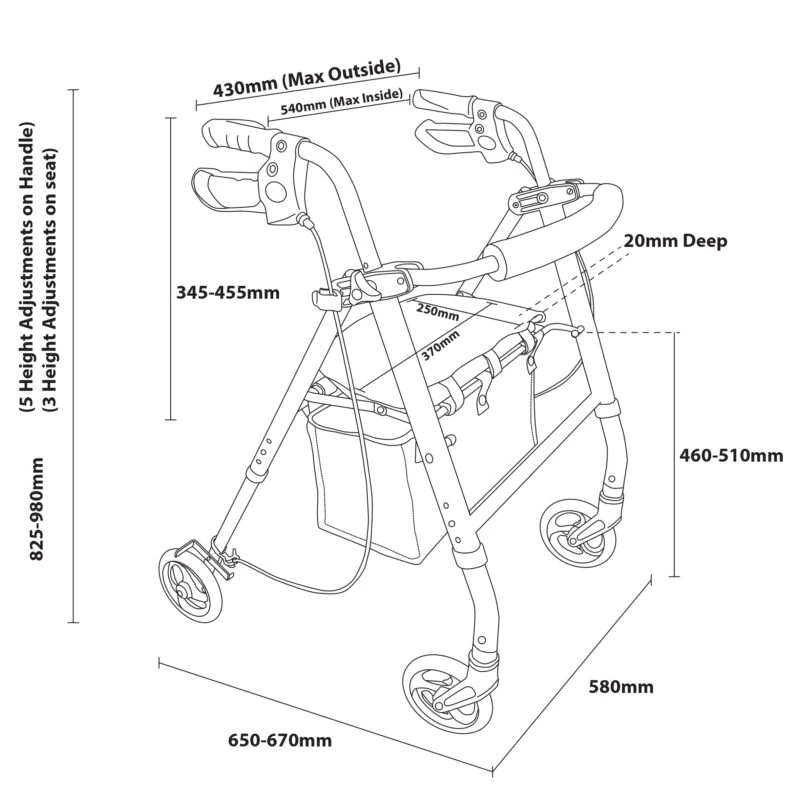 Lightweight 4 Wheeled Rollator for Elderly & Seniors | With Seat & Basket | Puncture Proof 6" Wheels - Image 13