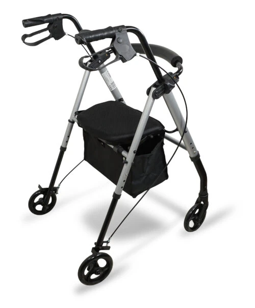 Silver rollator with four wheels, padded seat, and under-seat storage.