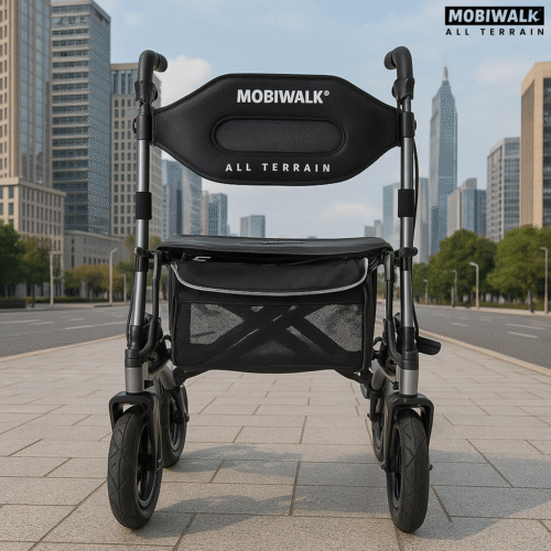 MobiWalk All Terrain Rollator with large wheels on a city sidewalk.