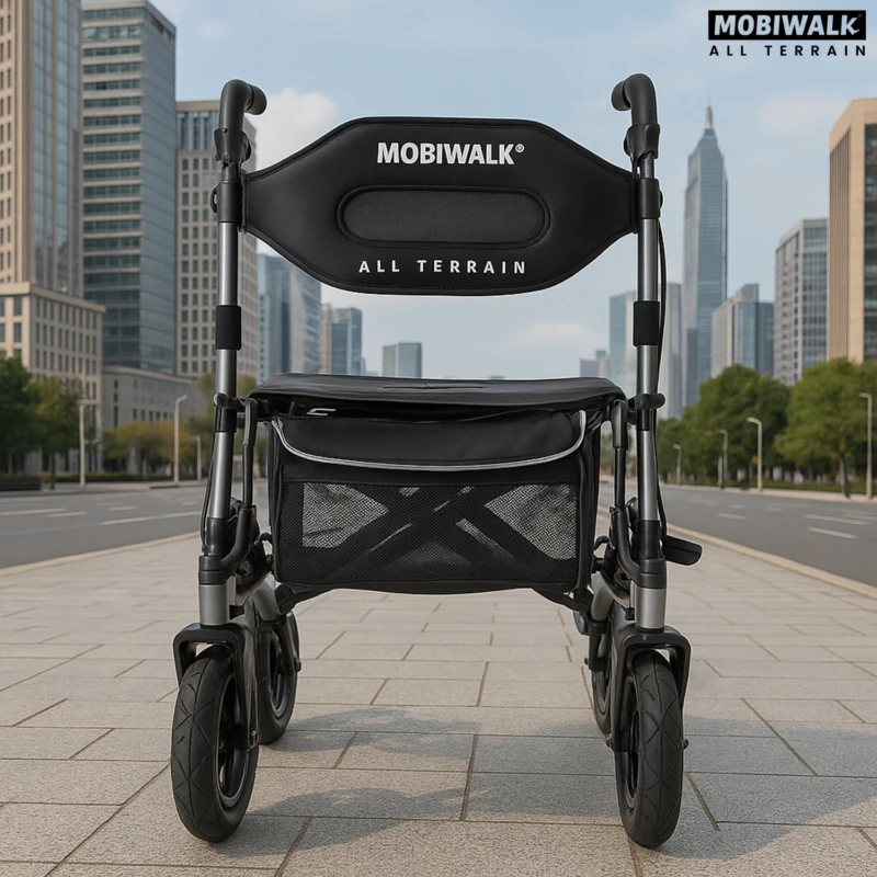 MobiWalk All Terrain Rollator with large wheels on a city sidewalk.