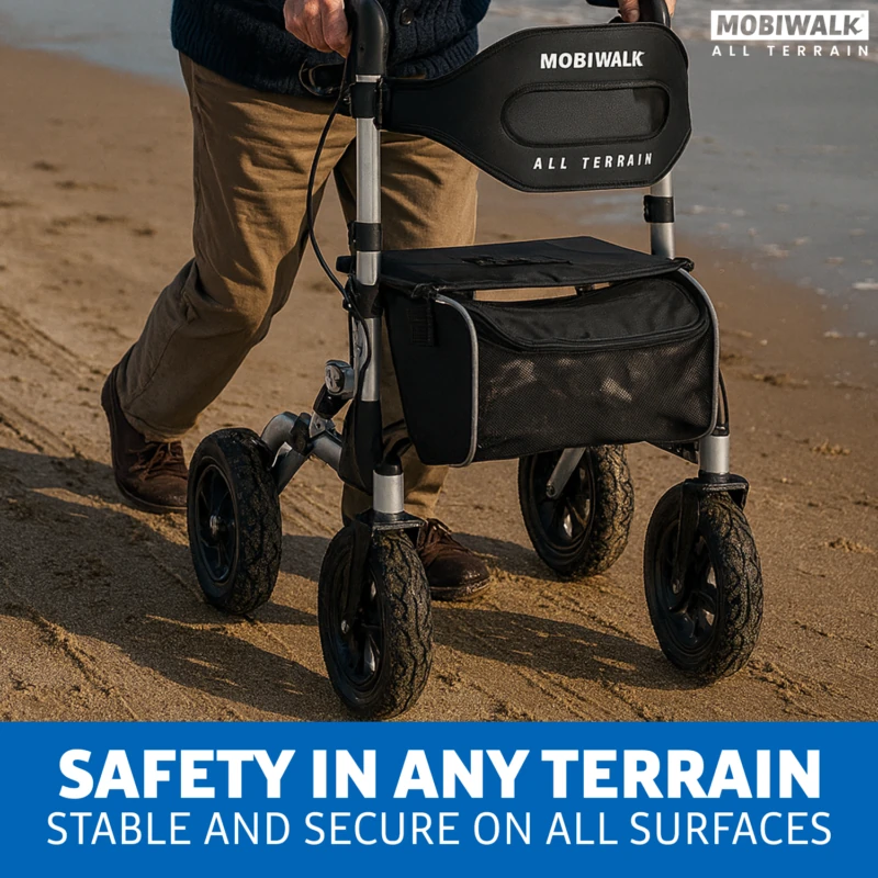 MobiWalk All Terrain Rollator with pneumatic big wheels, available for hire, featuring a sturdy and adjustable design.