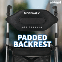 Close-up of MobiWalk rollator with padded backrest.
