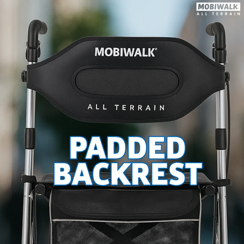 Close-up of MobiWalk rollator with padded backrest.