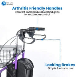 Close-up of MobiWalk Tri Walker handles and basket.