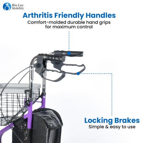 Close-up of MobiWalk Tri Walker handles and basket.