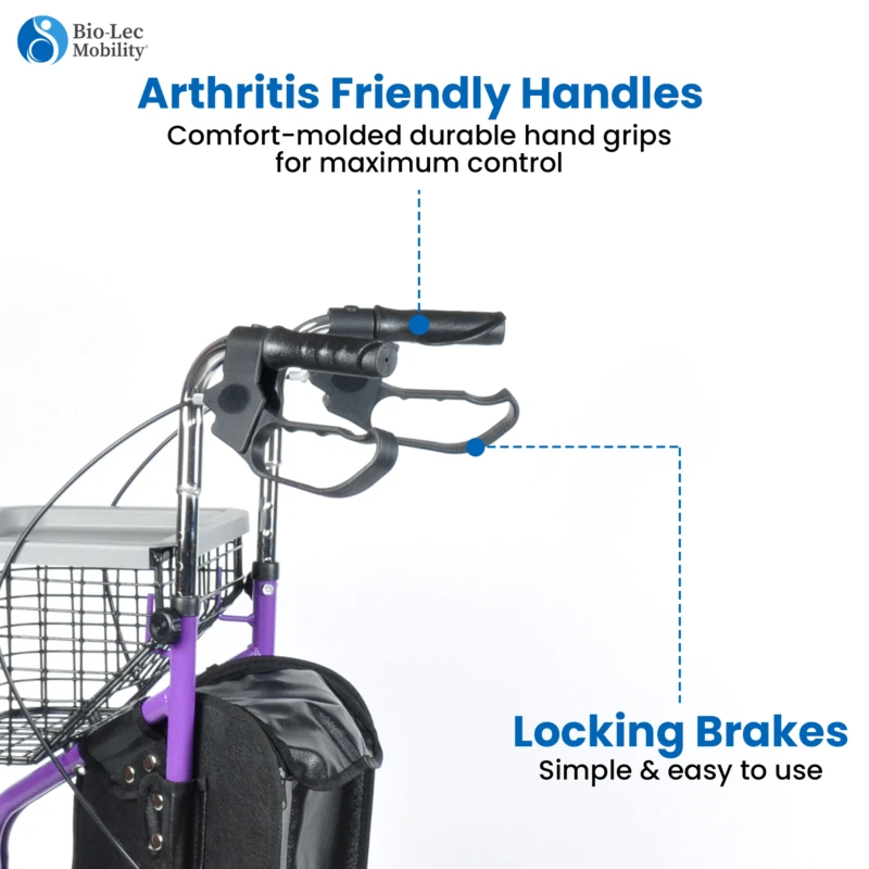 Close-up of MobiWalk Tri Walker handles and basket.