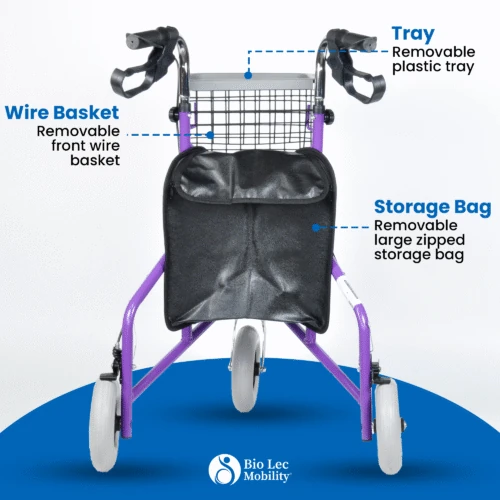 MobiWalk Tri Walker with wire basket, tray, and storage bag.