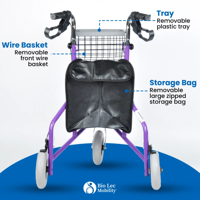 MobiWalk Tri Walker with wire basket, tray, and storage bag.