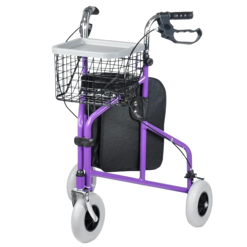Purple three-wheeled walker with basket and tray.
