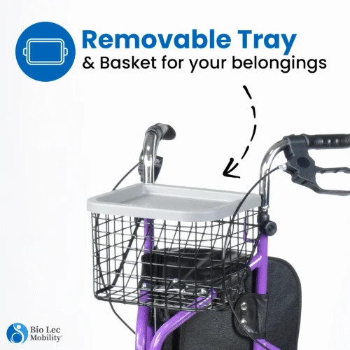 MobiWalk Tri Walker with removable tray and basket.