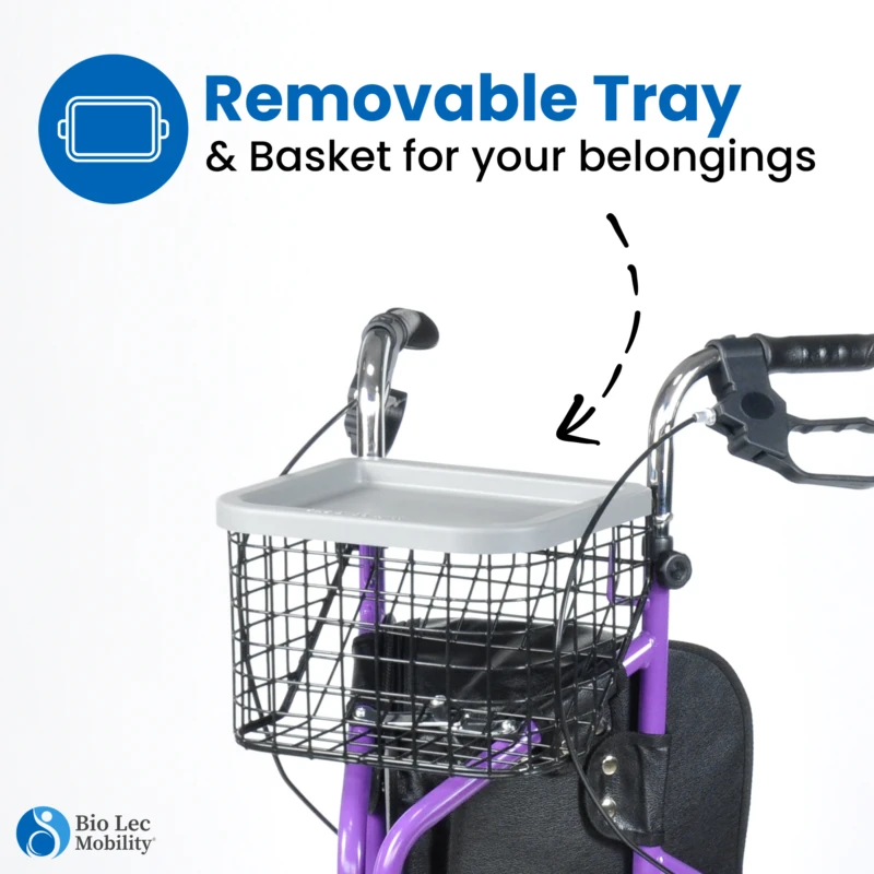 MobiWalk Tri Walker with removable tray and basket.