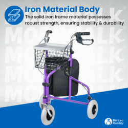 Purple tri walker with basket and tray on a blue background.
