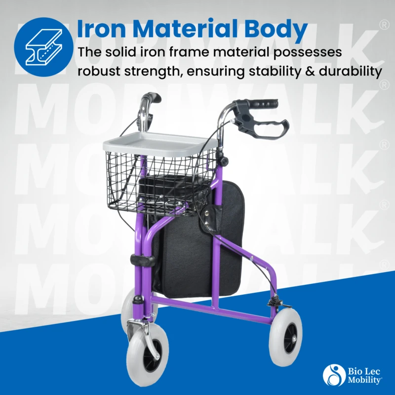 Purple tri walker with basket and tray on a blue background.