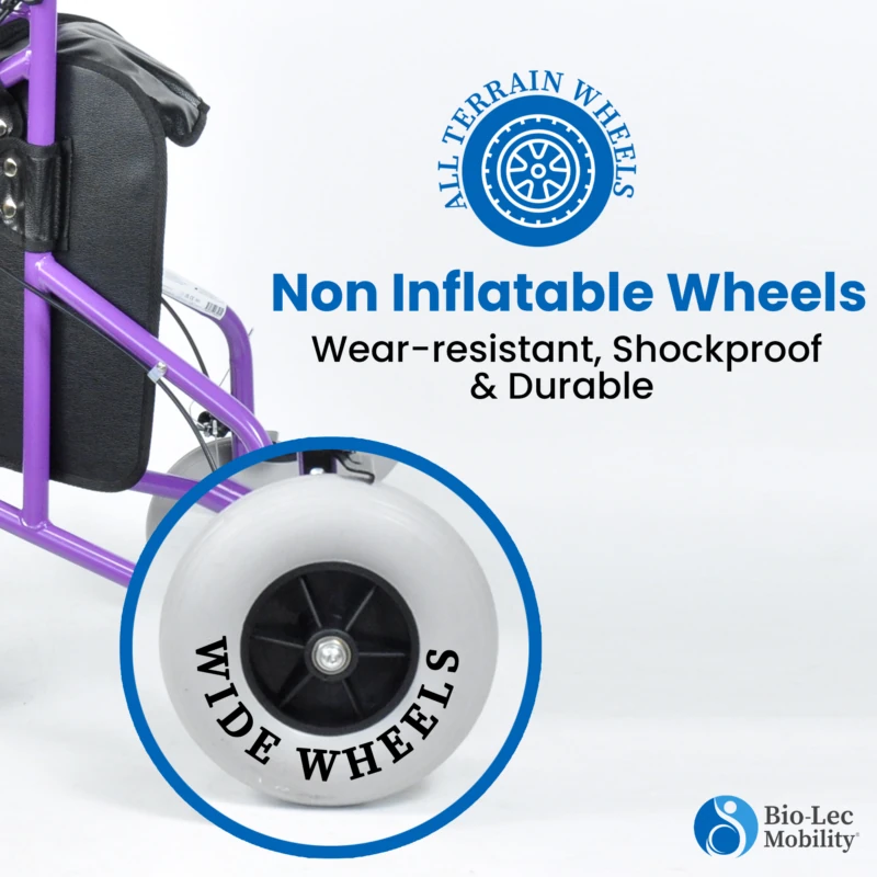 Close-up of MobiWalk Tri Walker's non-inflatable wheel.