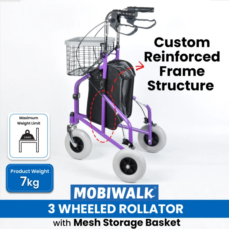 Purple three-wheeled walker with basket, tray, and storage bag.