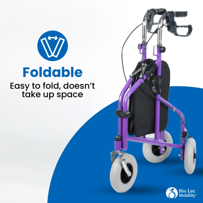 Folded purple tri walker with large wheels, labeled 'Foldable'.