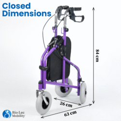 Folded purple MobiWalk Tri Walker with dimensions shown.