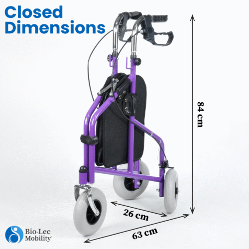 Folded purple MobiWalk Tri Walker with dimensions shown.