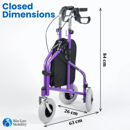 Folded purple MobiWalk Tri Walker with dimensions shown.