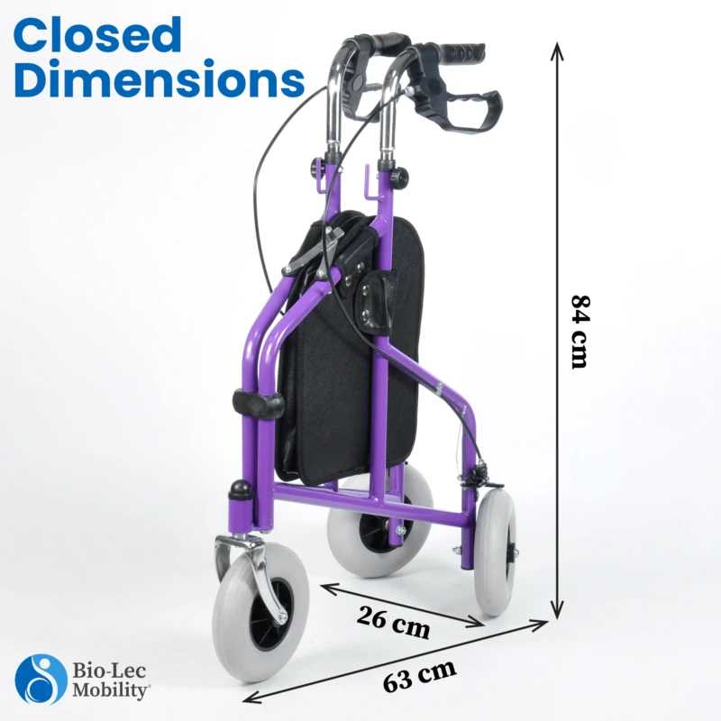 Folded purple MobiWalk Tri Walker with dimensions shown.