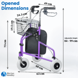 Purple MobiWalk Tri Walker with dimensions labeled.