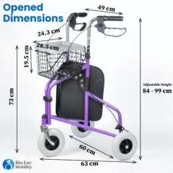 Purple MobiWalk Tri Walker with dimensions labeled.