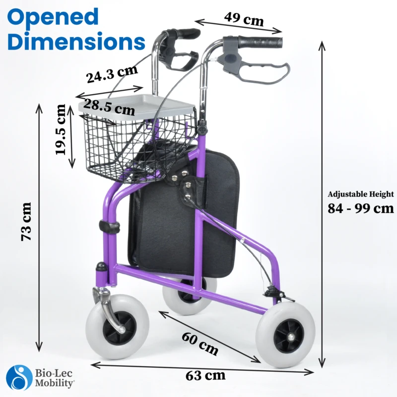Purple MobiWalk Tri Walker with dimensions labeled.