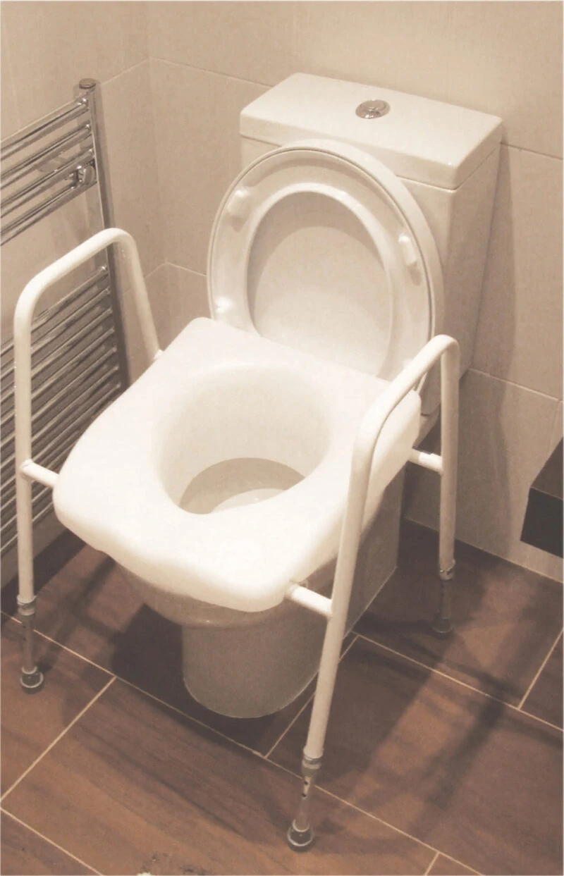 Raised toilet seat with frame in a bathroom setting.