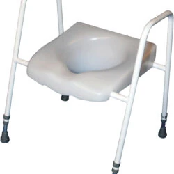 Raised toilet seat with adjustable frame and integral handles.
