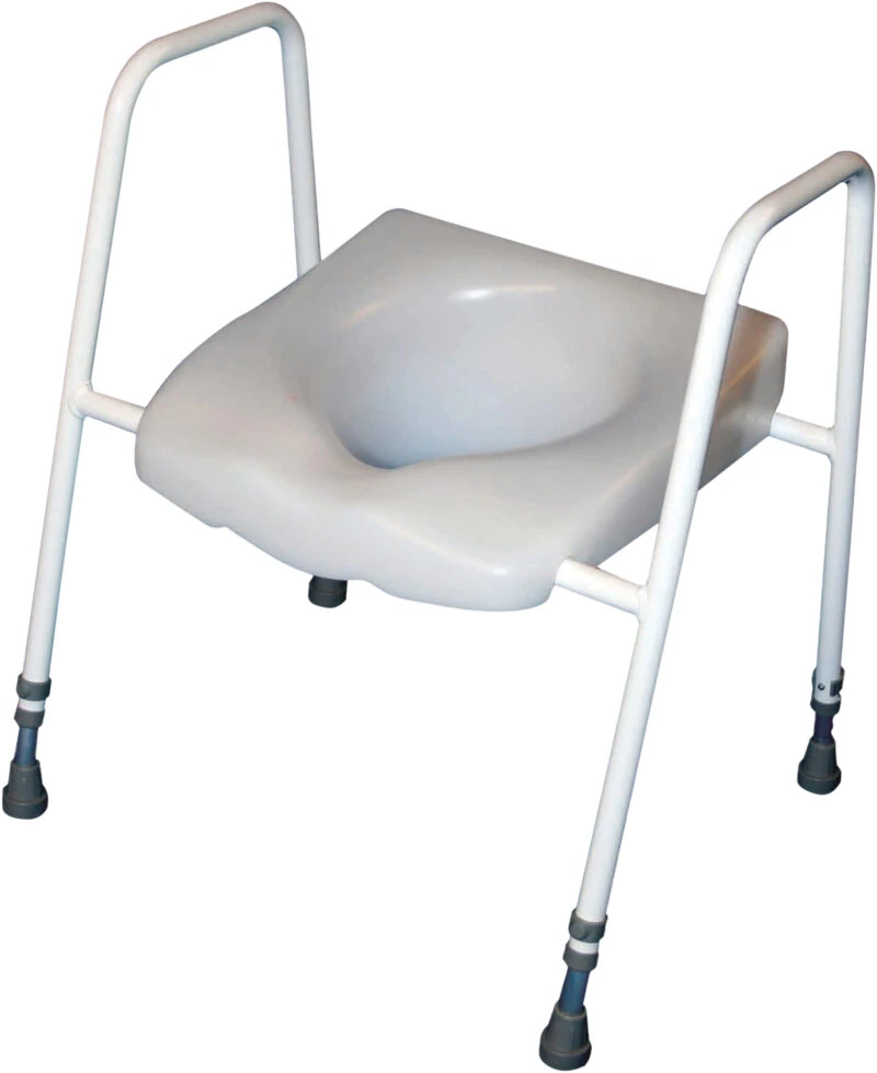 Raised toilet seat with adjustable frame and integral handles.