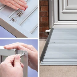 Collage of rollable ramp setup and installation at a doorway.