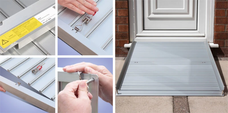 Collage of rollable ramp setup and installation at a doorway.