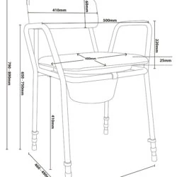 Diagram showing dimensions of a bedside commode chair.