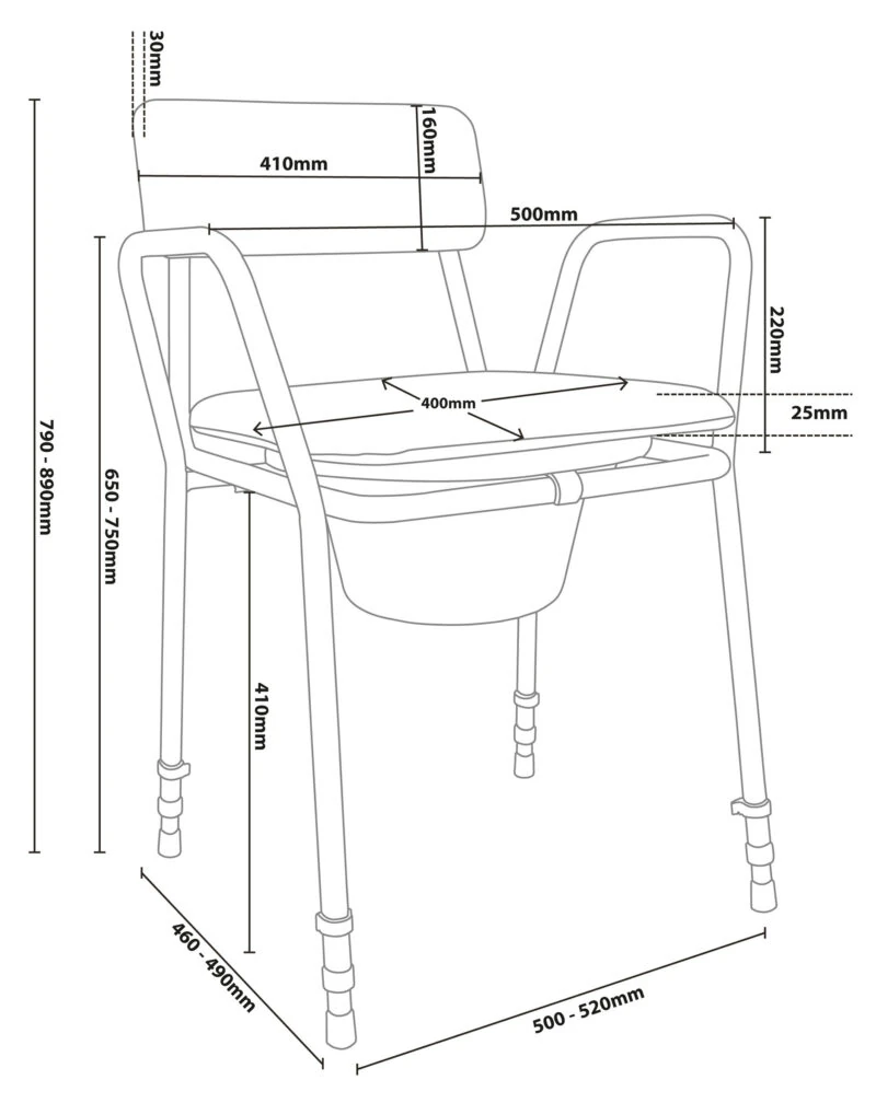 Diagram showing dimensions of a bedside commode chair.