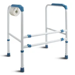Toilet support frame with blue handles and a toilet roll holder.