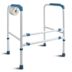 White toilet support frame with blue accents and toilet roll holder.