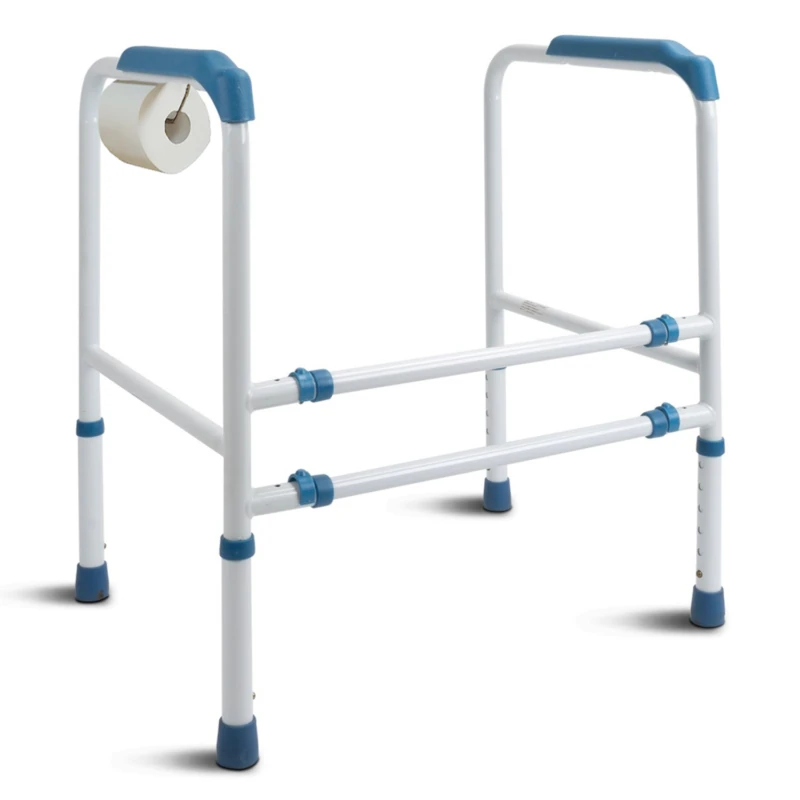 White toilet support frame with blue accents and toilet roll holder.